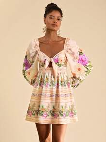 Travachic 满版心形印花 V 领扭纹长袖优雅连衣裙，奶油黄色连衣裙，节日装