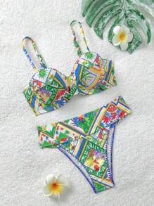 Soleia Women's Swimwear, Sexy Elegant Bird Print Pattern, Adjustable Shoulder Straps, High Waisted High Cut Bottoms, Summer Vacation Swimwear Set - Multicolor - View 1