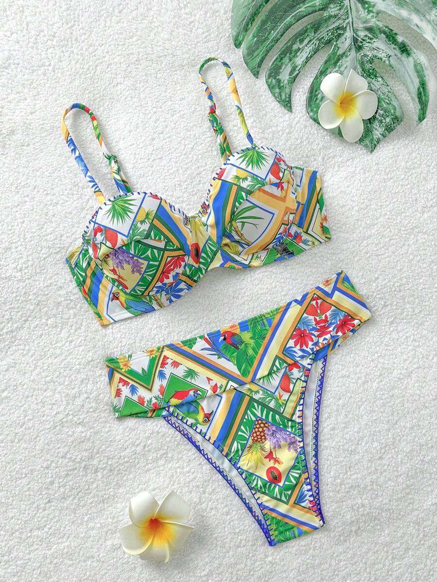 Soleia Women's Swimwear, Sexy Elegant Bird Print Pattern, Adjustable Shoulder Straps, High Waisted High Cut Bottoms, Summer Vacation Swimwear Set - Multicolor - View 1
