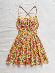 Soleia 女士浪漫红色花卉印花细肩带露背 A 字迷你连衣裙，时尚性感夏季连衣裙，适合海滩、邮轮、约会、狂欢节、复活节、中国新年 - 彩色 - 查看 3