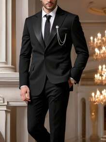 Calvornis 男士纯色斑驳翻领长袖西装外套和裤子商务旅行两件套 - 黑色 - 查看 5