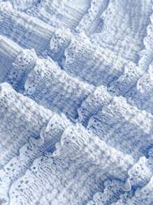 SHEIN 少女情人节度假风芥末蓝纹理抹胸，正面扭纹，荷叶边修身衬衫。适合下午茶、街头、度假、叠穿或派对穿着，秋冬季