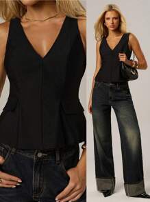 Avantive Vestidos de verão femininos para baile de formatura/formal/praia/férias/fofos/estilo country/casual de negócios/elegantes/aniversário/saída à noite/balada/escritório/festival/rave/trabalho/chiques/show country/brunch/cruzeiro/tradicional/aeroporto/modestas/igreja/fairycore/sexy/divertidas/hippie/chá da tarde/Y2k/streetwear/anos 2000/disco/férias de primavera/formatura/convidada de casamento/coquetel/vintage/justo ao corpo/resort/Dia das Mães/sem mangas/decote em V/linha A/blusa preta - Preto - Ver 1