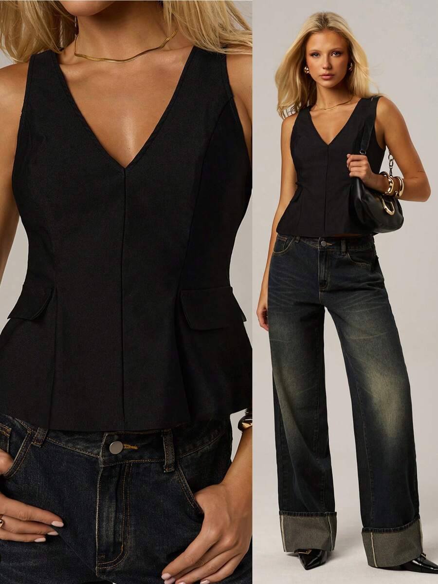 Avantive Vestidos de verão femininos para baile de formatura/formal/praia/férias/fofos/estilo country/casual de negócios/elegantes/aniversário/saída à noite/balada/escritório/festival/rave/trabalho/chiques/show country/brunch/cruzeiro/tradicional/aeroporto/modestas/igreja/fairycore/sexy/divertidas/hippie/chá da tarde/Y2k/streetwear/anos 2000/disco/férias de primavera/formatura/convidada de casamento/coquetel/vintage/justo ao corpo/resort/Dia das Mães/sem mangas/decote em V/linha A/blusa preta - Preto - Ver 1