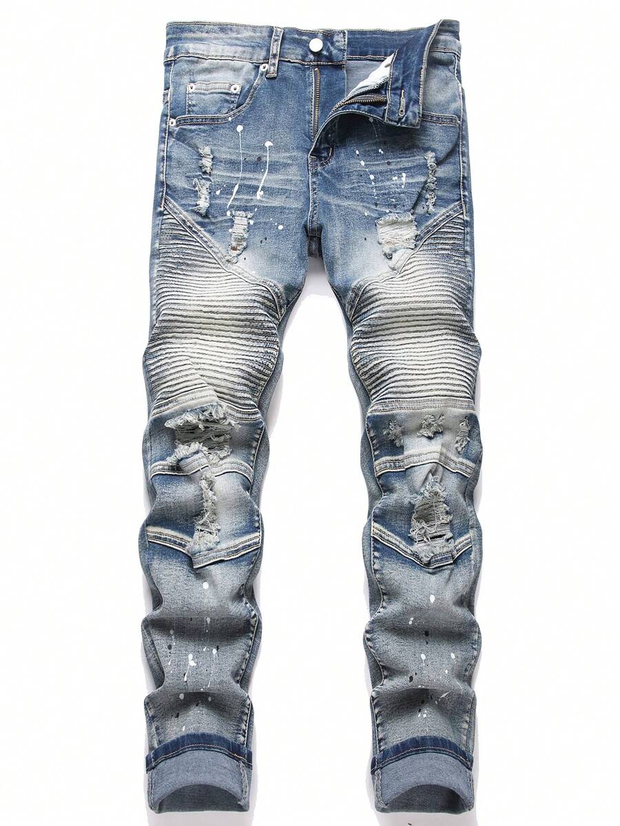 Manfinity LEGND 男式口袋破洞紧身休闲牛仔裤 - 藍色 - 查看 1