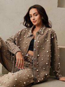 Anewsta Women's Elegant Fashionable Denim Shirt With Pearl And Rhinestone Design, Suitable For Spring, Valentine's Day, Parties, Elegant, Holiday, Vacation