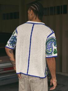 AXEPEAK Cashew Flower Pattern Boxy Fit Polo Collar Short Sleeve Knit Top For Men, Streetwear Class