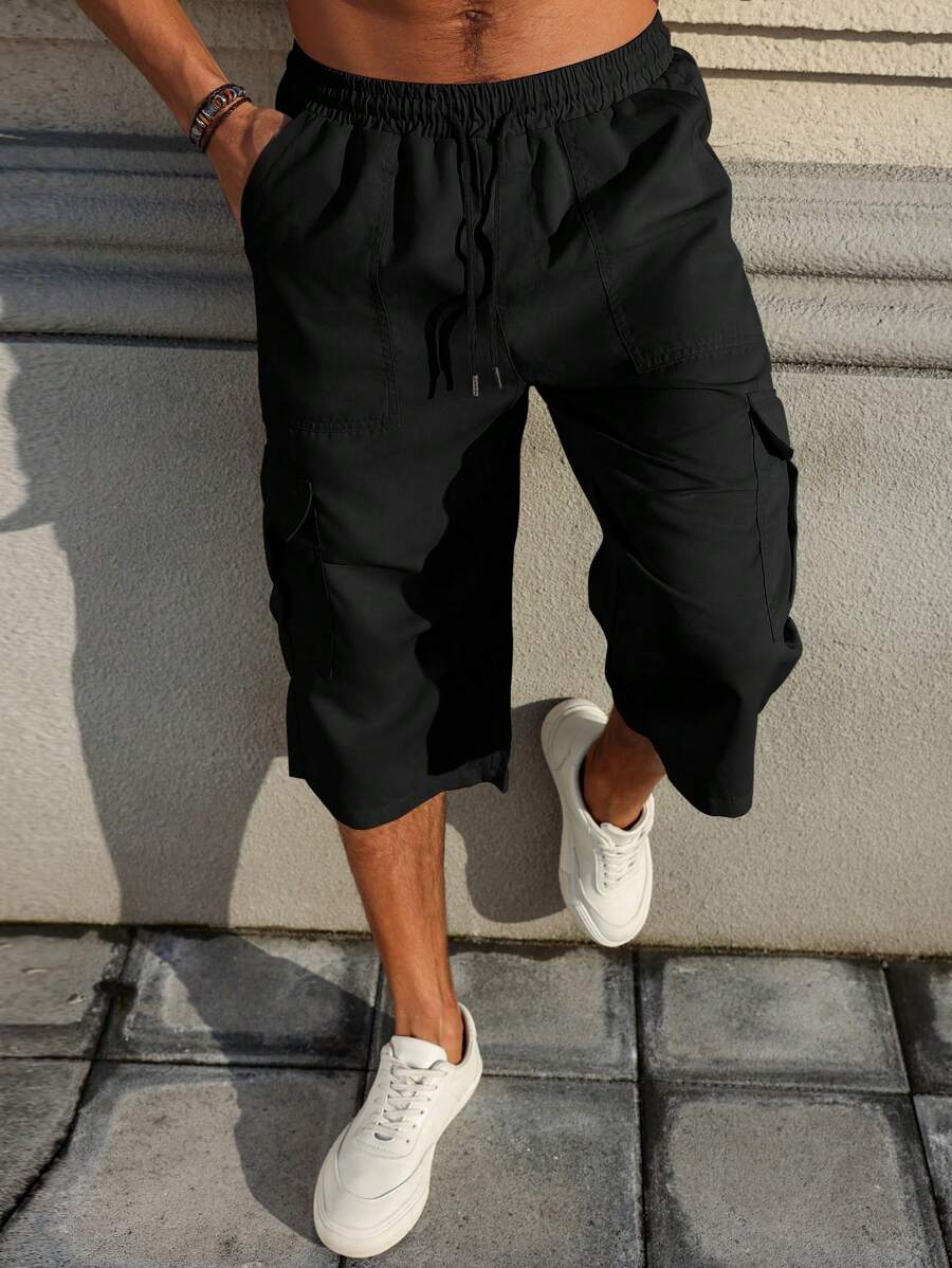 Manfinity Homme Men's Casual Sport Cargo Pockets Drawstring Black Cargo Baggy Capri Pants - Black - View 1