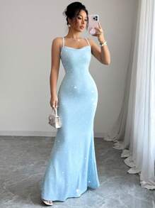 Elenzga 女式闪亮亮片细肩带系带派对礼服