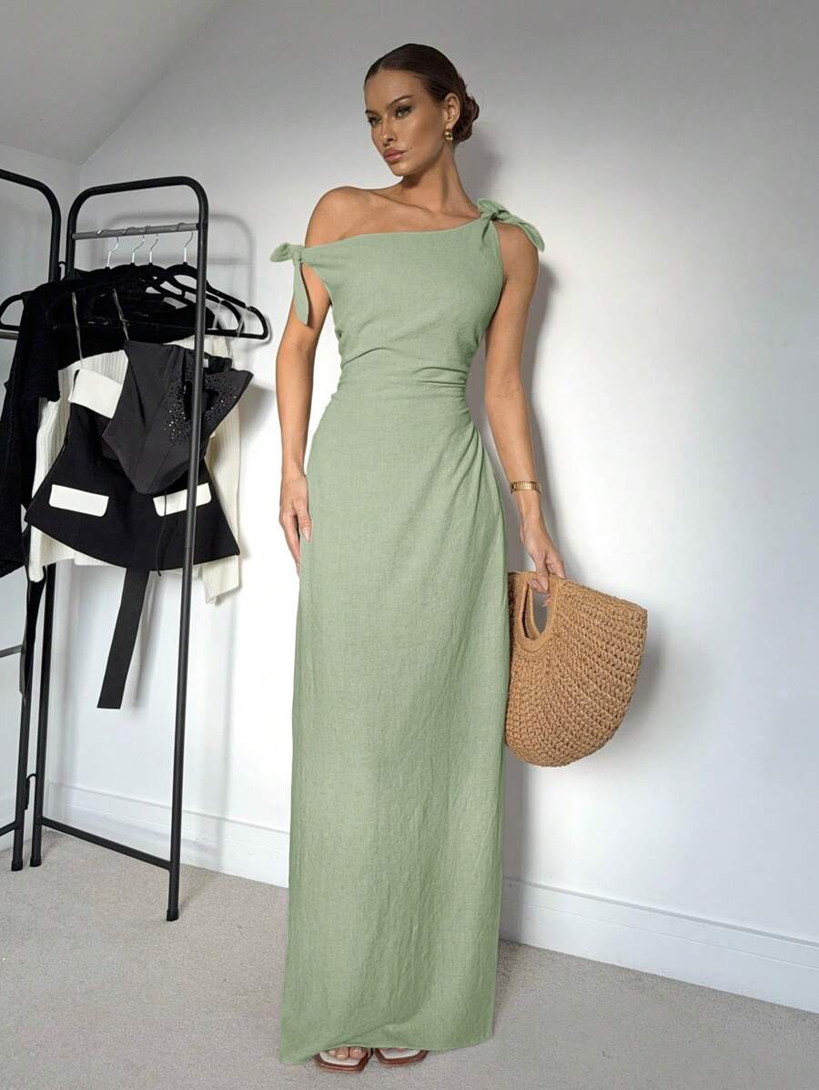 Siren Gaze Women Plain Minimalist Asymmetrical Shoulder Long Dress Elegant Summer Evening Dress Party Green Christmas - Mint Green - View 1