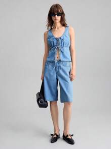 Ontre Women's Blue Denim Top Casual Bowknot Vest Comfort Striped Denim Old Money Style - Medium Wash - View 2