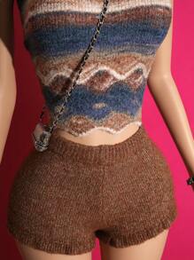 Slaydiva Conjunto de 2 piezas de mujer compuesto por chaleco sin espalda con tirantes cruzados de rayas con degradado y patrón de diamantes con borde ondulado + pantalones cortos ceñidos con volantes en el bajo, hecho en tejido de lana marrón de ganchillo, para vacaciones de verano en la playa en 2025