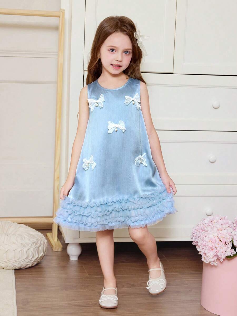 年轻女孩纯色圆领无袖网眼荷叶边下摆连衣裙 - 藍色 - 查看 1