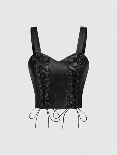 Punk Goth Eyelet Strap Decor Women PU Camisole