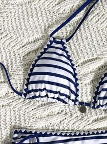 SHEIN Swim Women's Summer Beach Striped Pattern Halter Metallic Pendant Decor Crop Top And Side Tie Bikini Swimwear Set - Multicolor - View 4