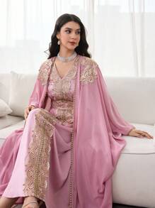 SHEIN Najma 2 件套宽松时尚女士连衣裙套装，带刺绣珠饰，定制，朴素长袍 - 粉色 - 查看 7