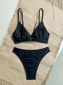 Soleia Bộ bikini thêu hạt ngọc trai cổ chữ V màu đen cho nữ, đi nghỉ - màu đen - Xem 2