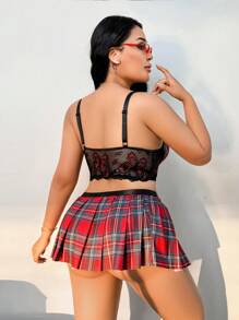 Fantasy Costume 2pcs Plus Size Women Plaid And Lace Sexy Lingerie Set
