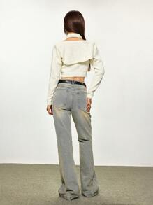 INAWLY Bộ áo len cardigan dài tay màu trơn và áo ba lỗ crop top dệt kim ngắn cho nữ - trắng - Xem 3