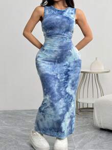 SHEIN EZwear 女士修身扎染印花紧身长裙，夏季 - 藍色 - 查看 6