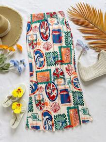 Soleia Women's Resort Beach Casual Coconut Tree, Orange, Lemon Fruit Colorful Print Skirt - Multicolor - View 1