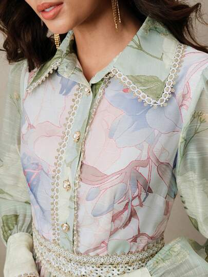 Anewsta Women's Elegant Modem Vacation French Lace Trim Lapel Single-Breasted Cinched Waist Ditsy Floral Lantern Sleeve Dress, Suitable For Spring, Summer, Festival, Graduation