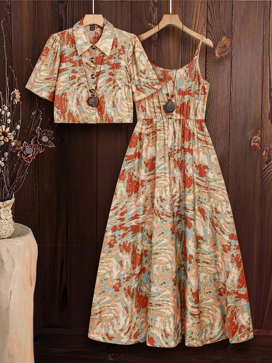 SHEIN PETITE 2 Pieces Set: Print Short Jacket + Cami Dress - Multicolor - View 1