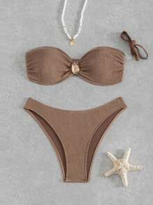 Swim Chiccia 2 件套女士纯色夏季泳衣套装，无肩带上衣，可拆卸肩带，三角形下装