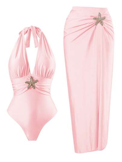 Swim Oasis Women's Elegant Light Blue Shiny Fabric Starfish Decor One-Piece Swimsuit, Beach Skirt For Summer