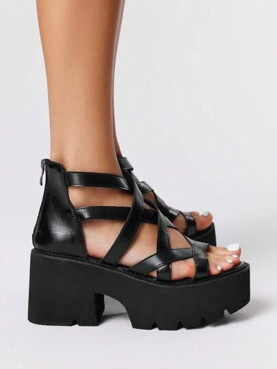 Goth Sandalias de plataforma casuales de estilo romano retro negras para mujer, sandalias de plataforma con tacón alto, con correa cruzada y cierre trasero de cremallera, de estilo gótico punk
