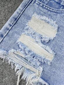 SHEIN Quần short denim họa tiết trang trí rách rưới cho bé gái tuổi teen - Rửa nhẹ - Xem 3