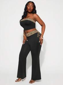 SHEIN SXY Plus Size Women's Spring&Summer Elegant Sexy Basic 2PC-SET With Leopard Patchwork Colorblock Strapless Tube Top And Flared Pants Two Pieces Set,Suitable For Everyday Wear - Multicolor - View 4