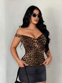 SHEIN SXY 女士豹纹露肩优雅衬衫 - 彩色 - 查看 3