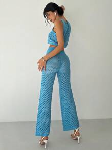 Firerie Ensemble deux pièces femme avec Top ajouré sexy et pantalon large taille haute en tricot - Bleu azur - Voir 2