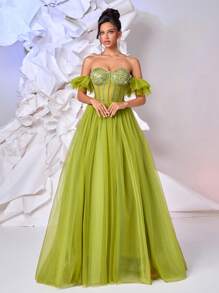 Glamrae Elegant Yellow-Green Mesh Prom Dress,Luxurious Sequin Stitching Fishbone Waist Oversized Skirt With Train,Formal Dinner Wedding Birthday Party Gown - Olive Green - View 4