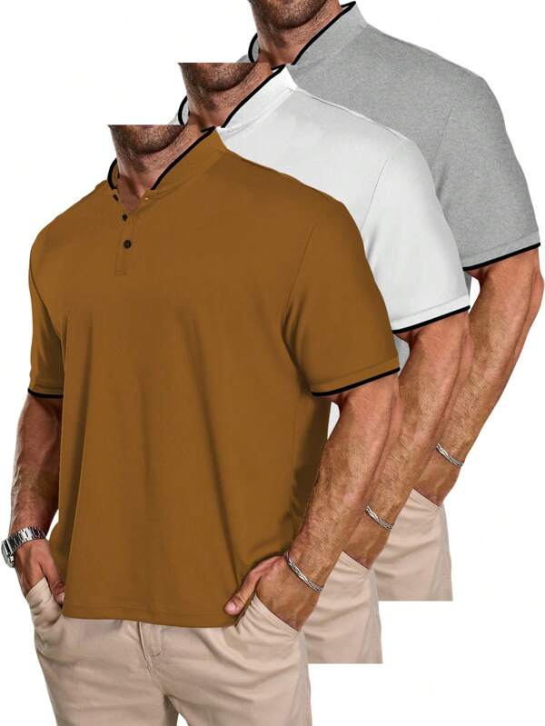 Manfinity Mode Conjunto de 3 peças de camisa polo masculina plus size de manga curta casual para deslocamento