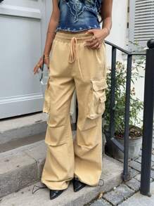 SHEIN EZwear Celana Jeans Wanita Kasual Musim Gugur Warna Polos dengan Tali Serut di Pinggang dan Banyak Saku - Khaki - View 4