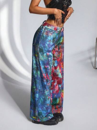 SHEIN Tall Women's Mid-Waist Tie-Dye Pocket Wide Leg Loose Casual Jeans