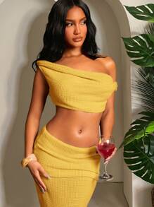 SHEIN SXY 2pcs Summer Casual Elegant Vacation Solid Beige Crochet Knit Set: Asymmetrical Shoulder Cutout Cropped Top & Fold Waist Fishtail Skirt, Vacation Outfit - Yellow - View 4