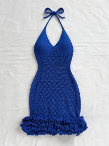Soleia Vacation Halter Neck Backless Ruffle Trim Knitted Dress