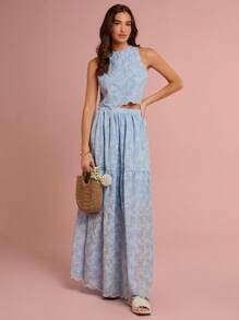 Enchnt Completo di due pezzi da donna romantico per primavera/estate, composto da un corpetto e una gonna lunga ricamati con motivi floreali in colore blu pastello, dolce ed elegante, adatto per vacanze, appuntamenti, giorni festivi, feste, lauree, matrimoni, spiaggia, outfit estivi da donna