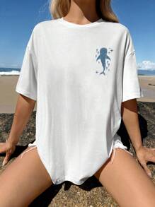 SHEIN EZwear Faithful And Free Oversized Loose Vacation Casual Ocean Whale Print T-Shirt, 50% Cotton Comfortable Fabric, Suitable For Summer Getaway - White - View 2