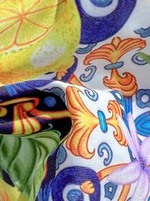 Soleia Conjunto de bikini con cuello halter, espalda anudada y decoración metálica, de estampado colorido vintage, para señoras en vacaciones