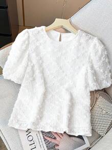 SHEIN LUNE Women Casual White Textured Petal Sleeve Round Neck Shirt,Summer Elegant Tea Party Beaded Top,Boho Old Money Style Business Vacation Tops - Apricot - View 1