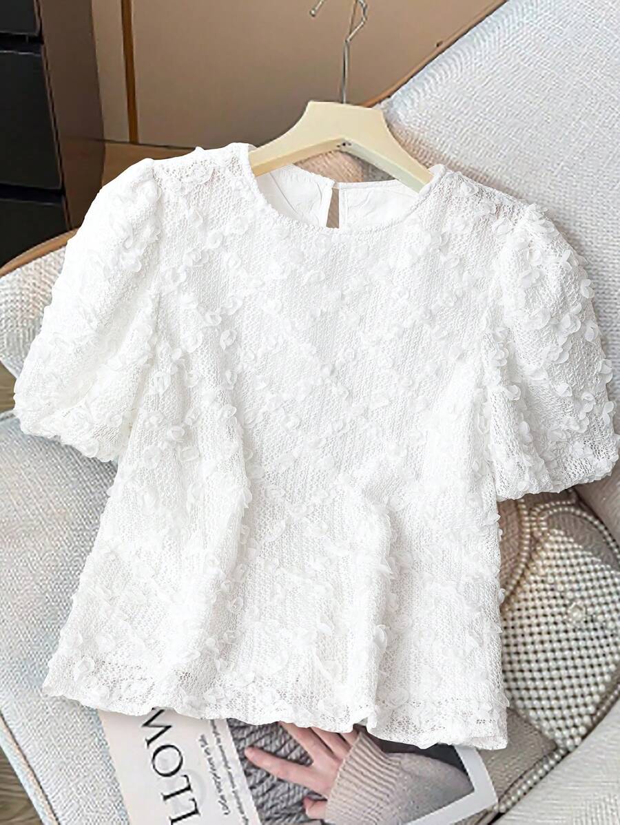 SHEIN LUNE Women Casual White Textured Petal Sleeve Round Neck Shirt,Summer Elegant Tea Party Beaded Top,Boho Old Money Style Business Vacation Tops - Apricot - View 1