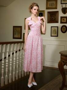 SHEIN MOD Vestido largo con cuello en V con lazo y estampado floral rosa para mujer - Rosa - Ver 3