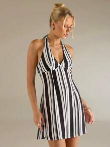 Avantive Summer Women Chic Black And White Striped Mini Dress,Sleeveless V-Neck A-Line Bodycon,Night Out,Beach,Vacation,Elegant Wedding Guest Party Outfits - Black and White - View 3