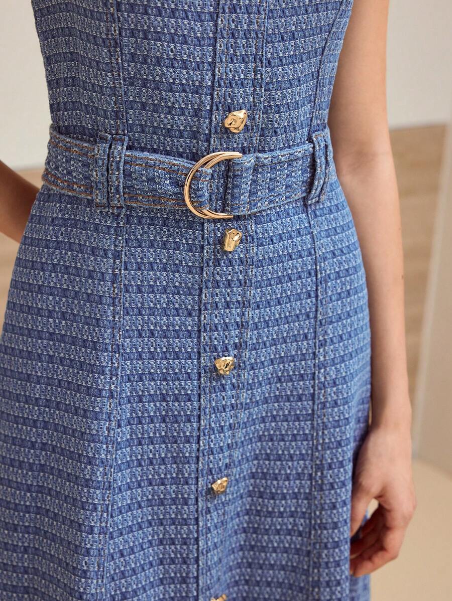 MOTF STUDIO BELTED ZIPPER DENIM DRESS - Blue - View 2