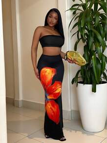 Slaydiva 2pcs 2025 New Summer Beach Holiday Everyday Sexy Cropped Tube Top + Floral Print Skirt Women Suits,Summer Sets