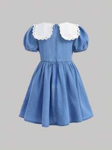 SHEIN Đầm denim tay bồng thêu hoa dễ thương cho bé gái cổ Peter Pan - Rửa nhẹ - Xem 2